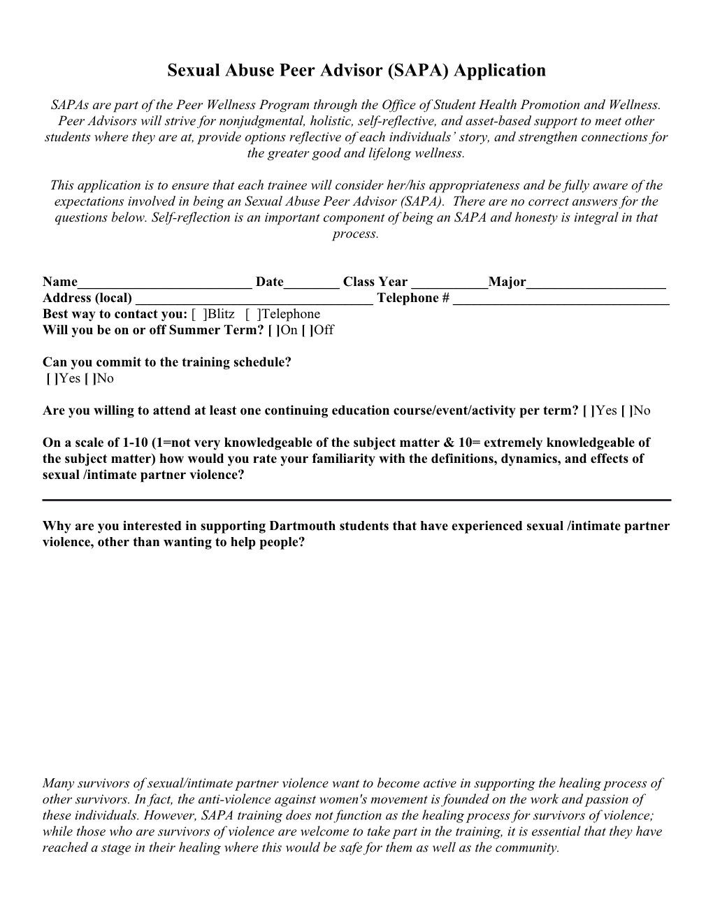 Sexual Abuse Peer Advisor (SAPA) Application