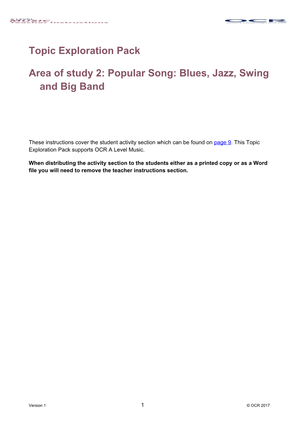 OCR a Level Music TEP - Popular Song: Blues, Jazz, Swing and Big Band
