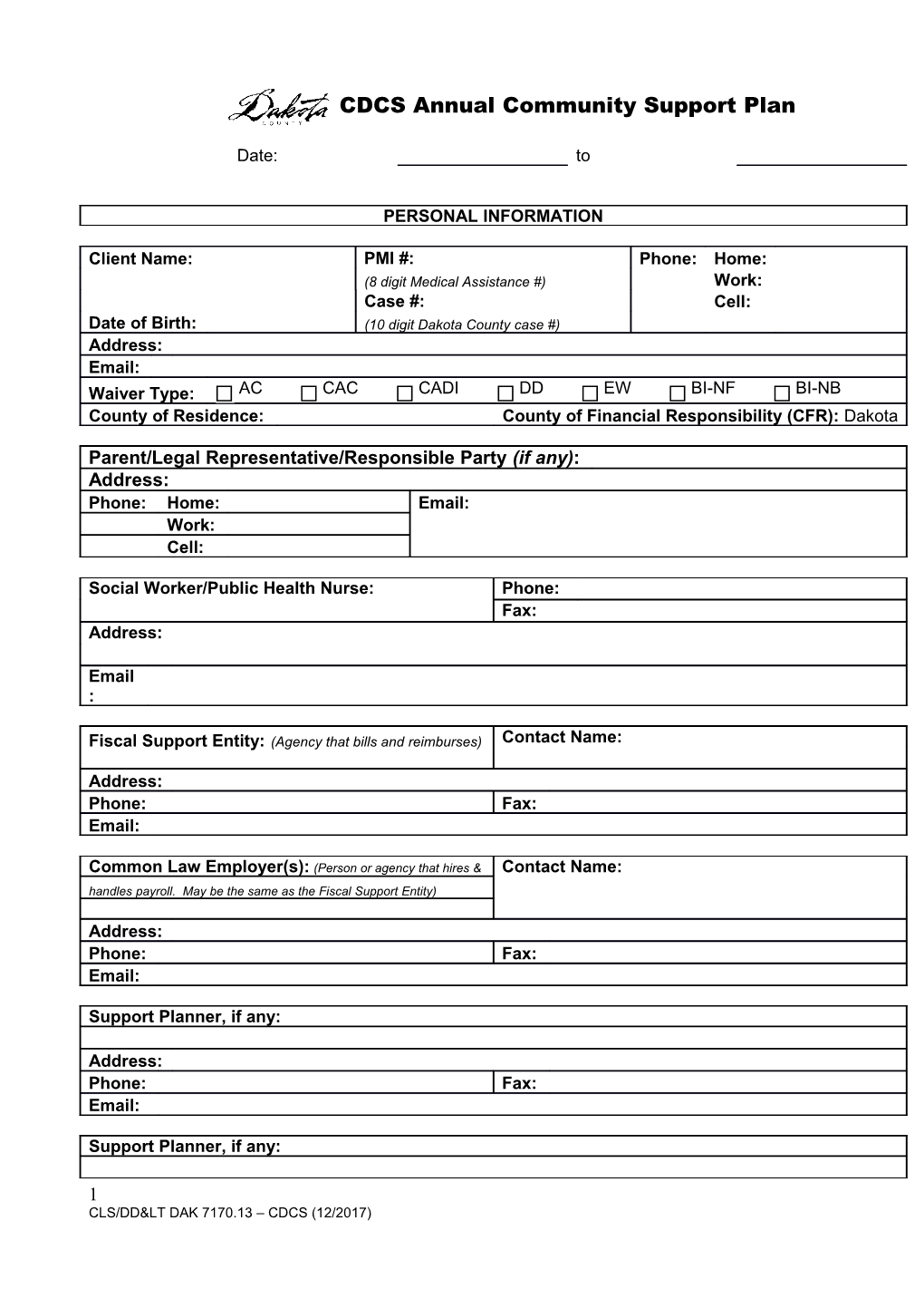 CDCS Community Support Plan (DAK 7170.13)