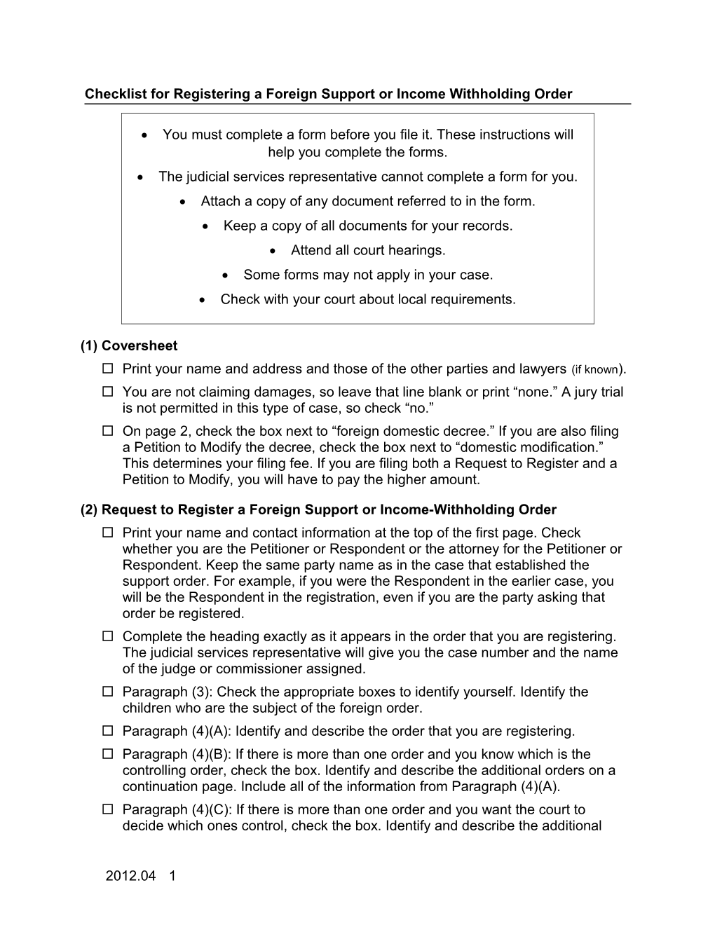 Checklist for Registering a Foreign Support Or Income Withholding Order