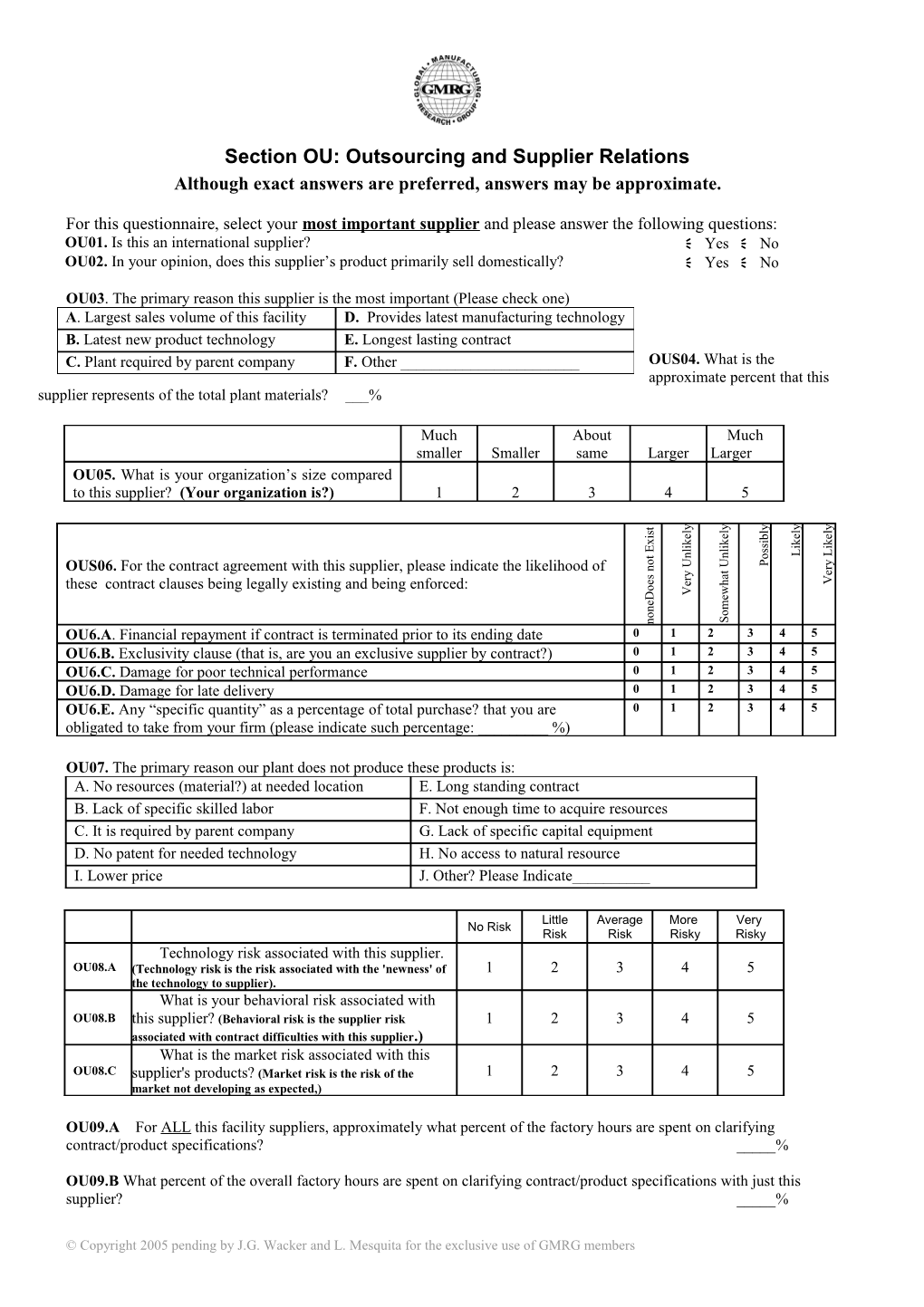 Rough Draft of Supplier Relationships Outsourcing Questionnaire 6-6-04