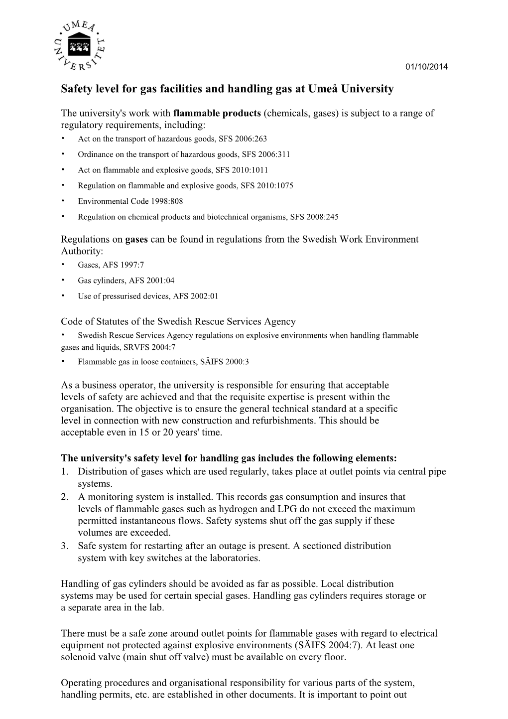 Safety Level for Gas Facilities and Handling Gas at Umeå University