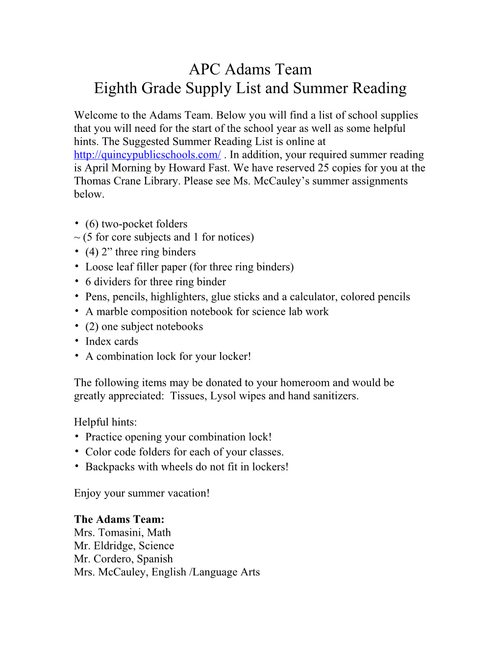 Eighth Grade Supply List and Summer Reading