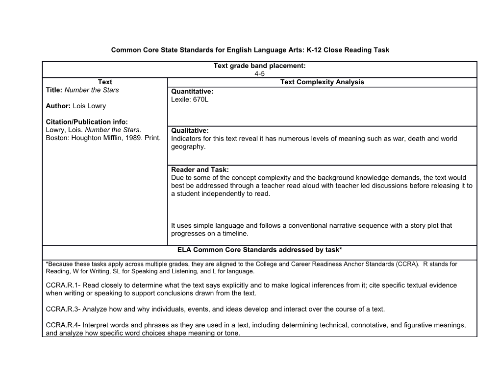 Common Core State Standards for English Language Arts: K-12 Close Reading Task