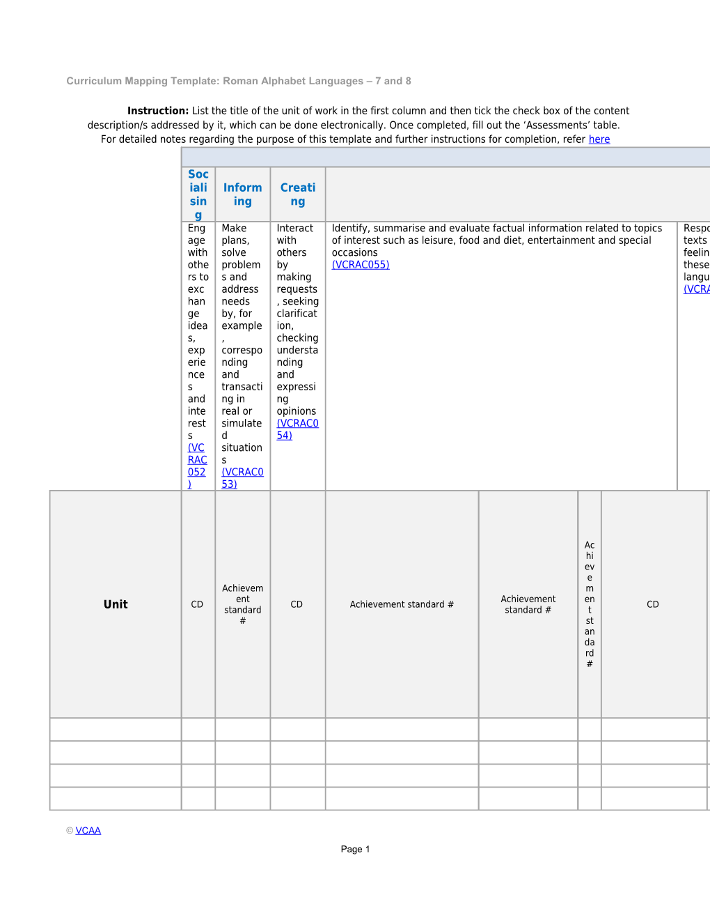 Curriculum Mapping Template: Roman Alphabet Languages 7 and 8