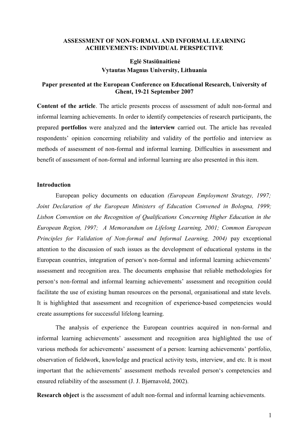 Assessment of Non-Formal and Informal Learning Achievements: Individual Perspective