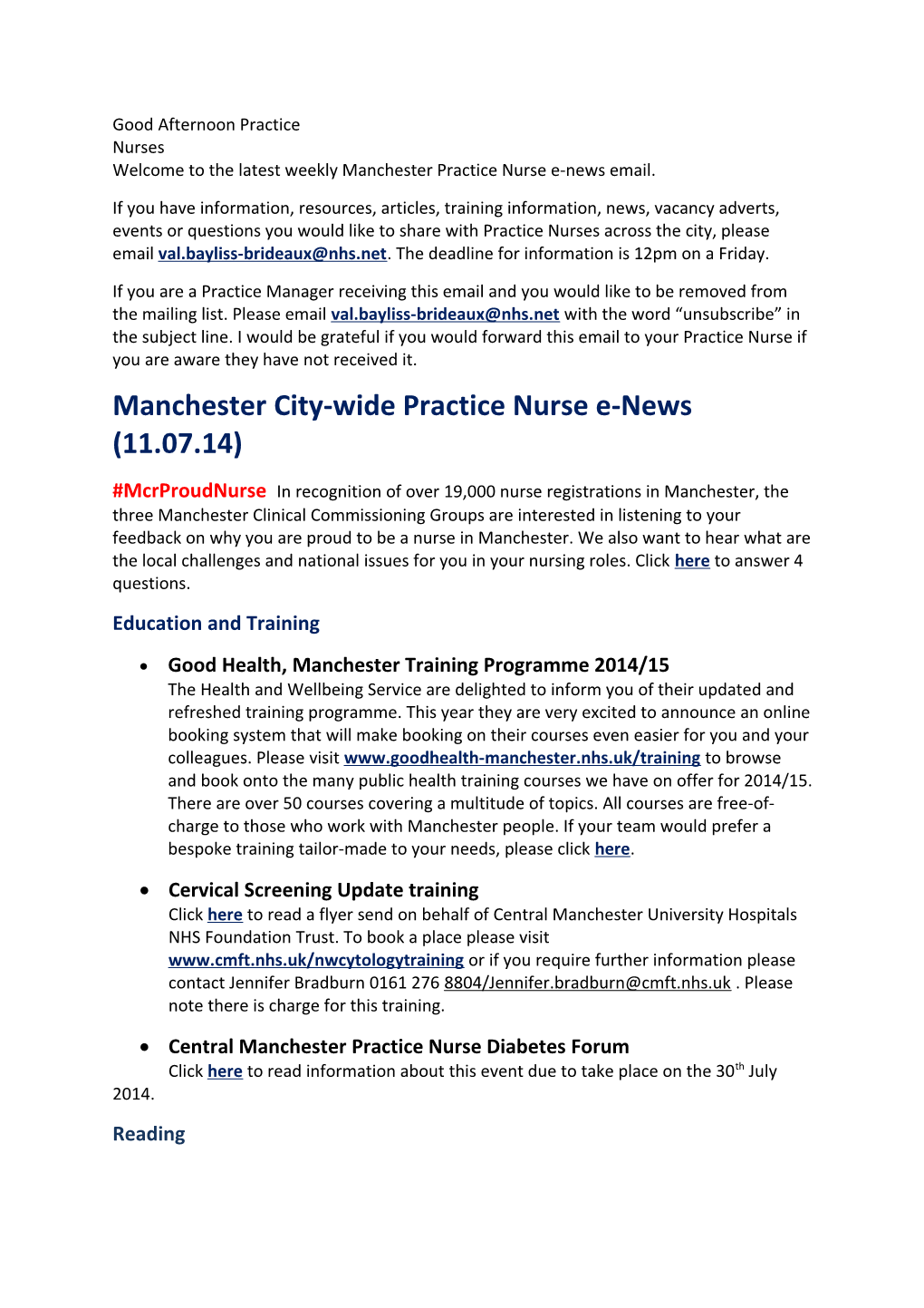 Welcome to Thelatest Weekly Manchester Practice Nurse E-News Email