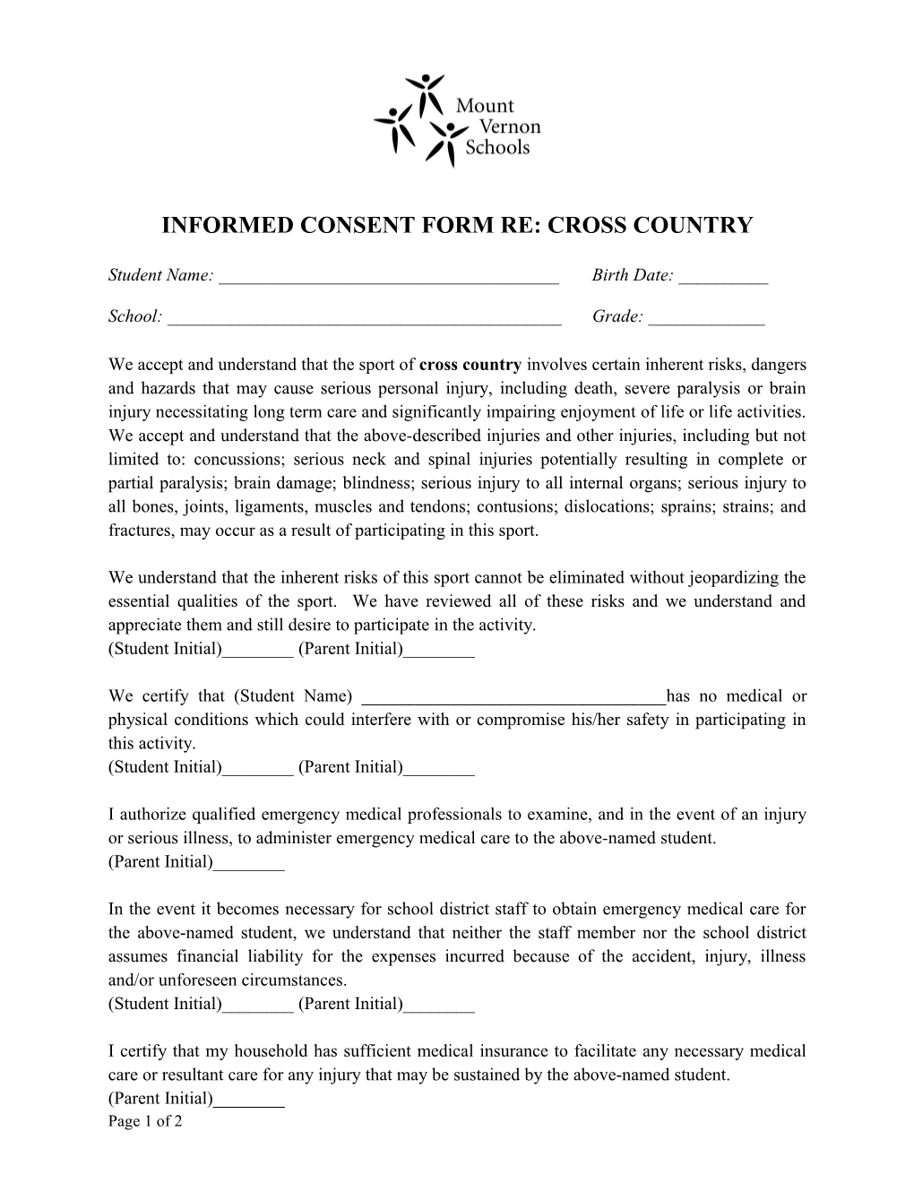 Informed Consent Form Re: Cross Country