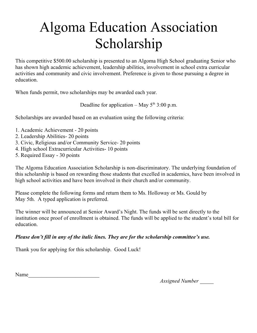 Algoma Education Association Scholarship