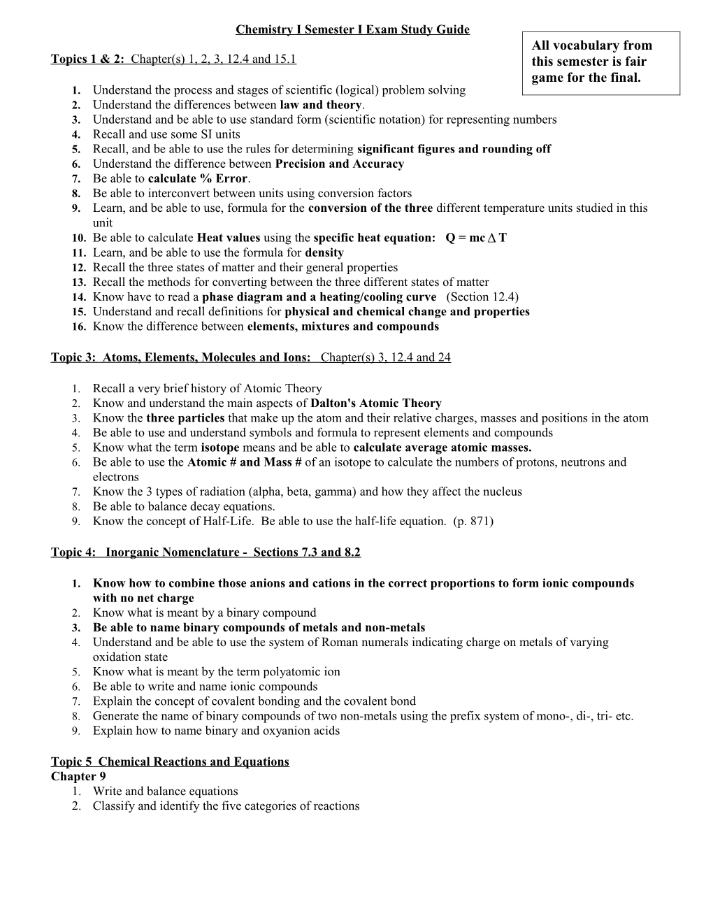 Chemistry I Semester I Exam Study Guide