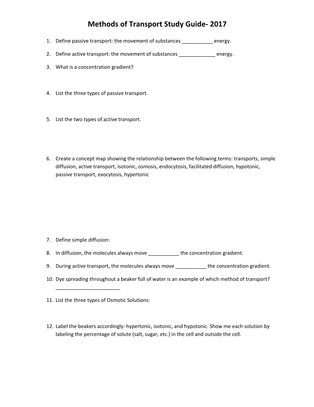 Methods of Transport Study Guide- 2017