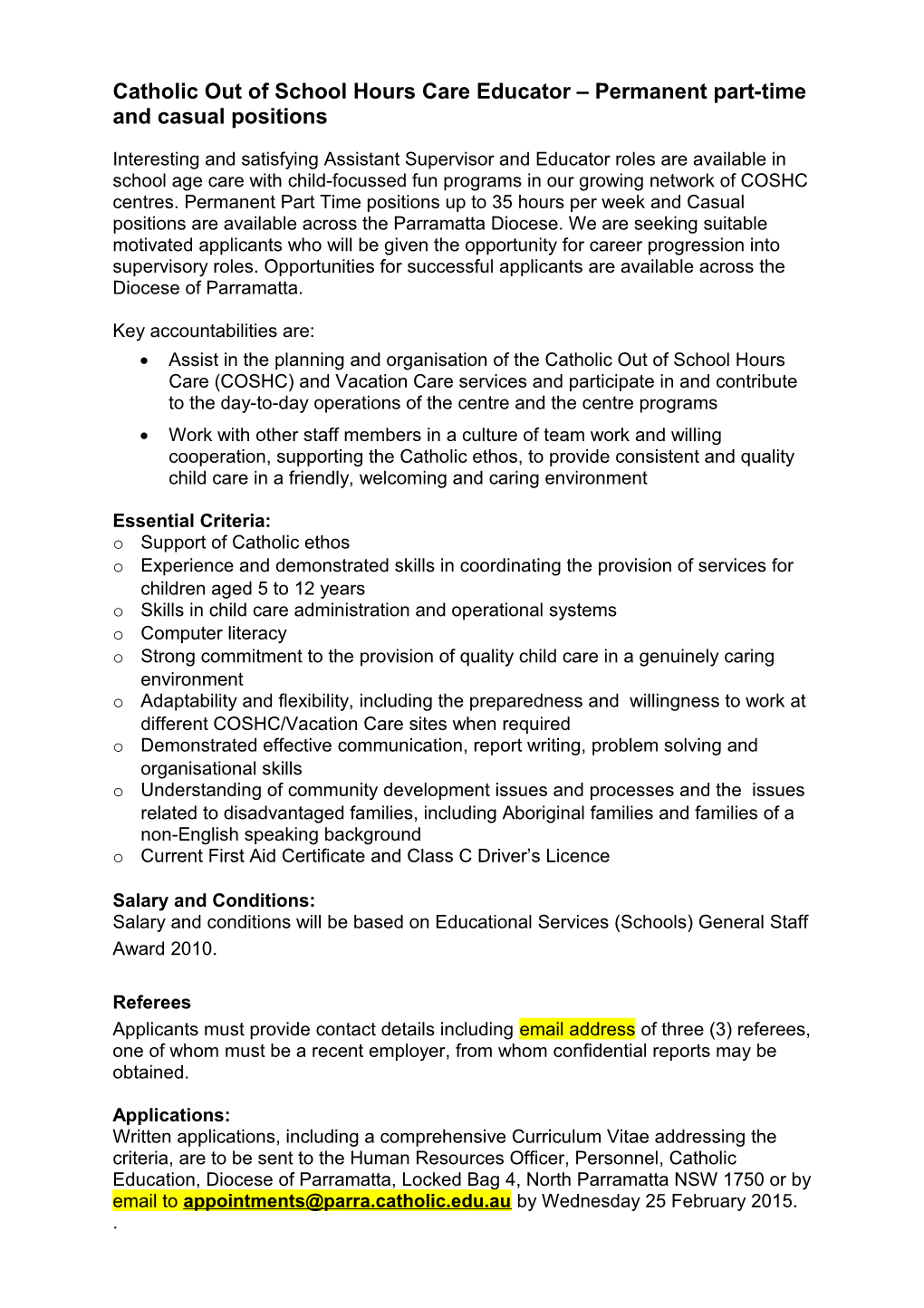 Catholic out of School Hours Care Educator Permanent Part-Time and Casual Positions
