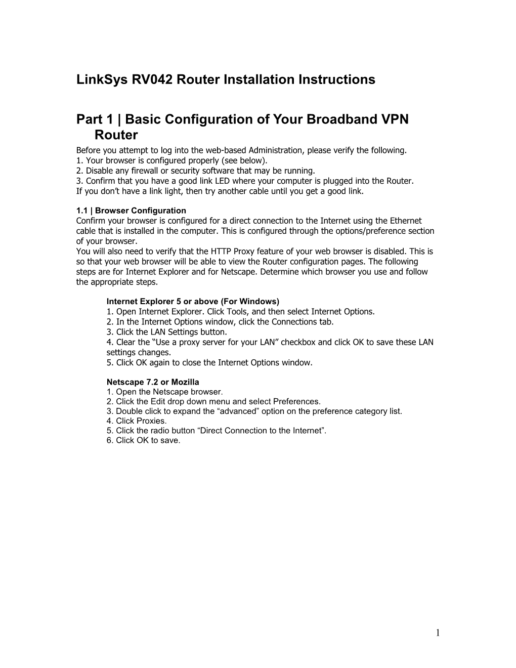 Linksys RV042 Router Installation Instructions