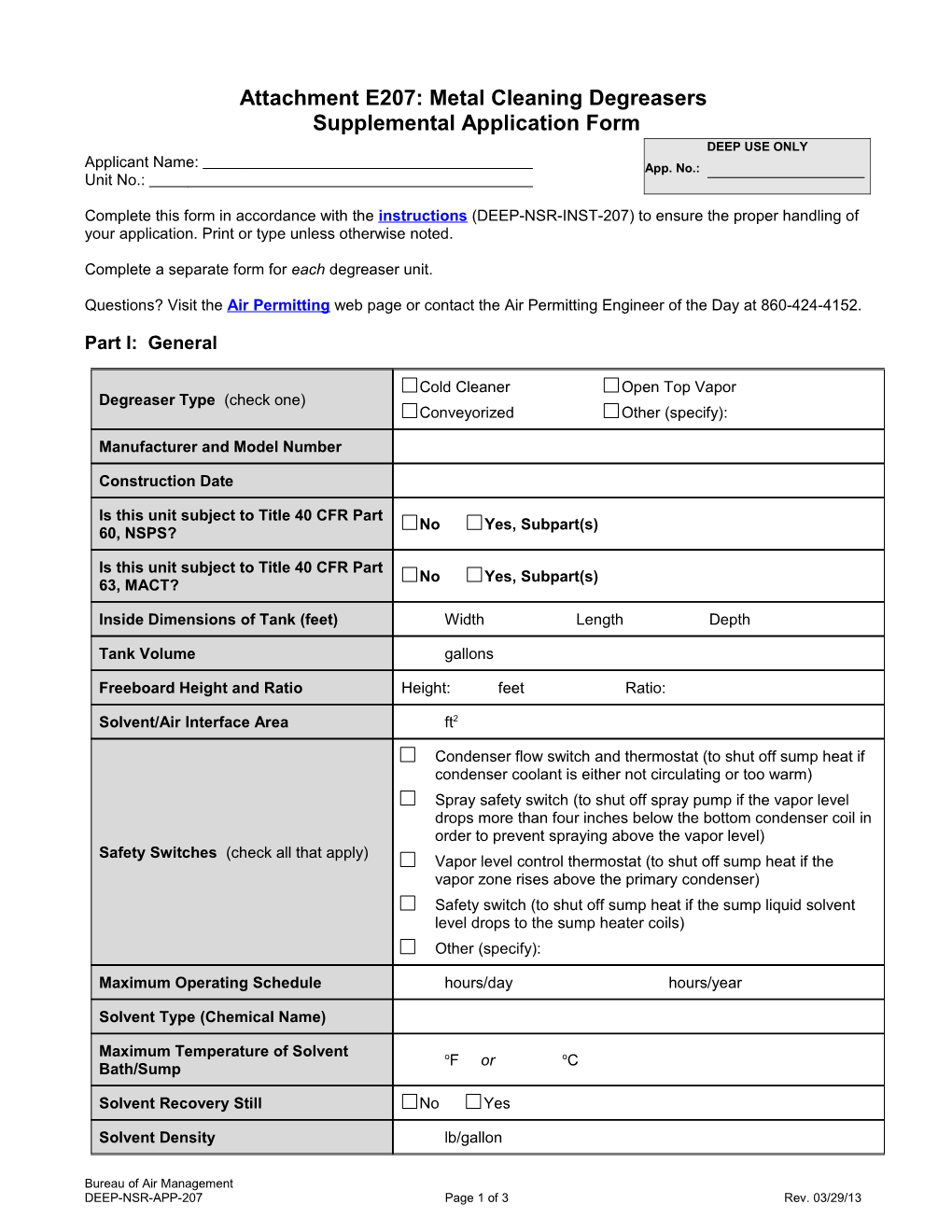 Supplemental Application Form Metal Cleaning Degreasers