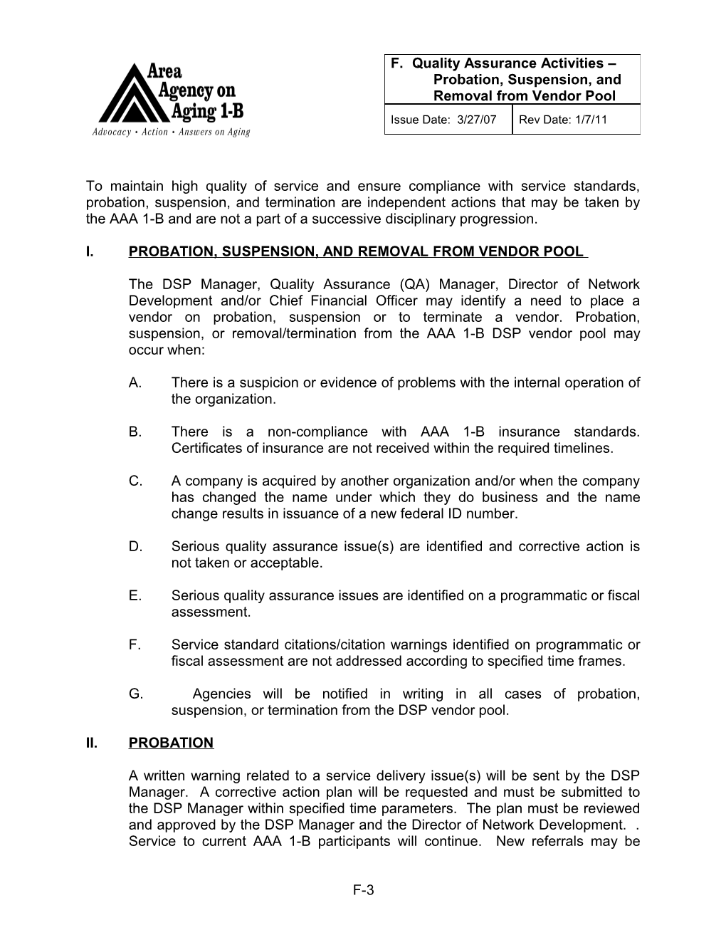 F. Quality Assurance Activities Probation, Suspension, and Removal from Vendor Pool