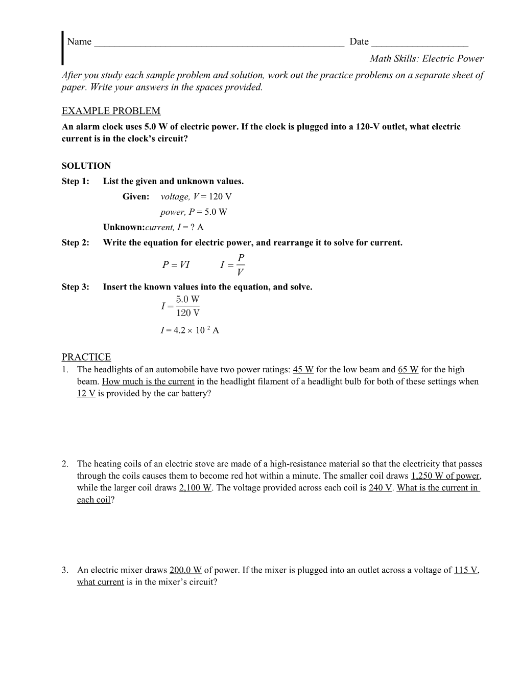 Math Skills: Electric Power