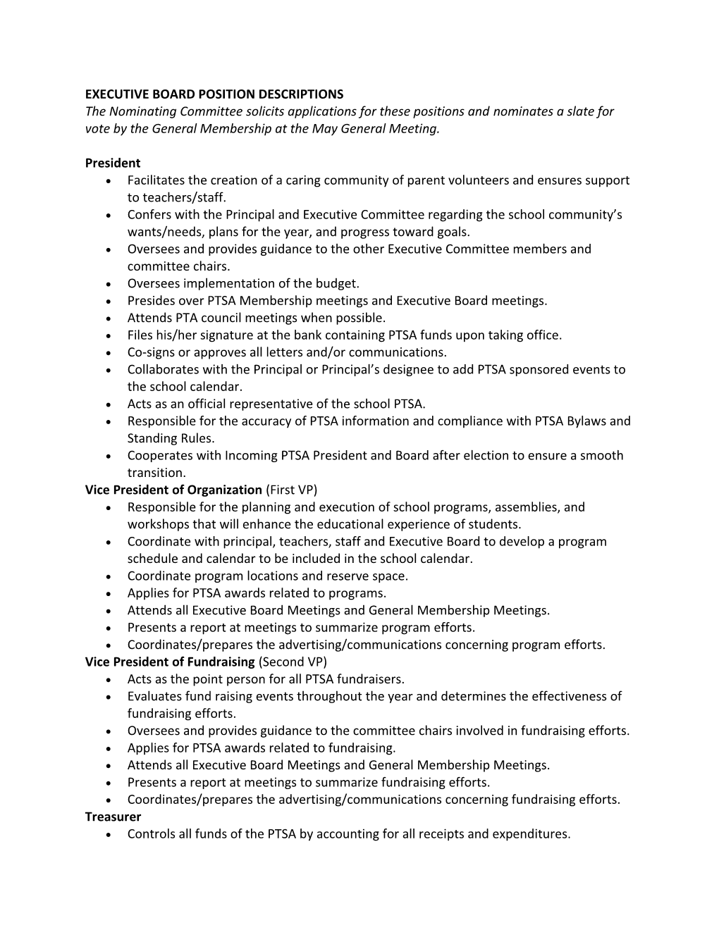 Executive Board Position Descriptions