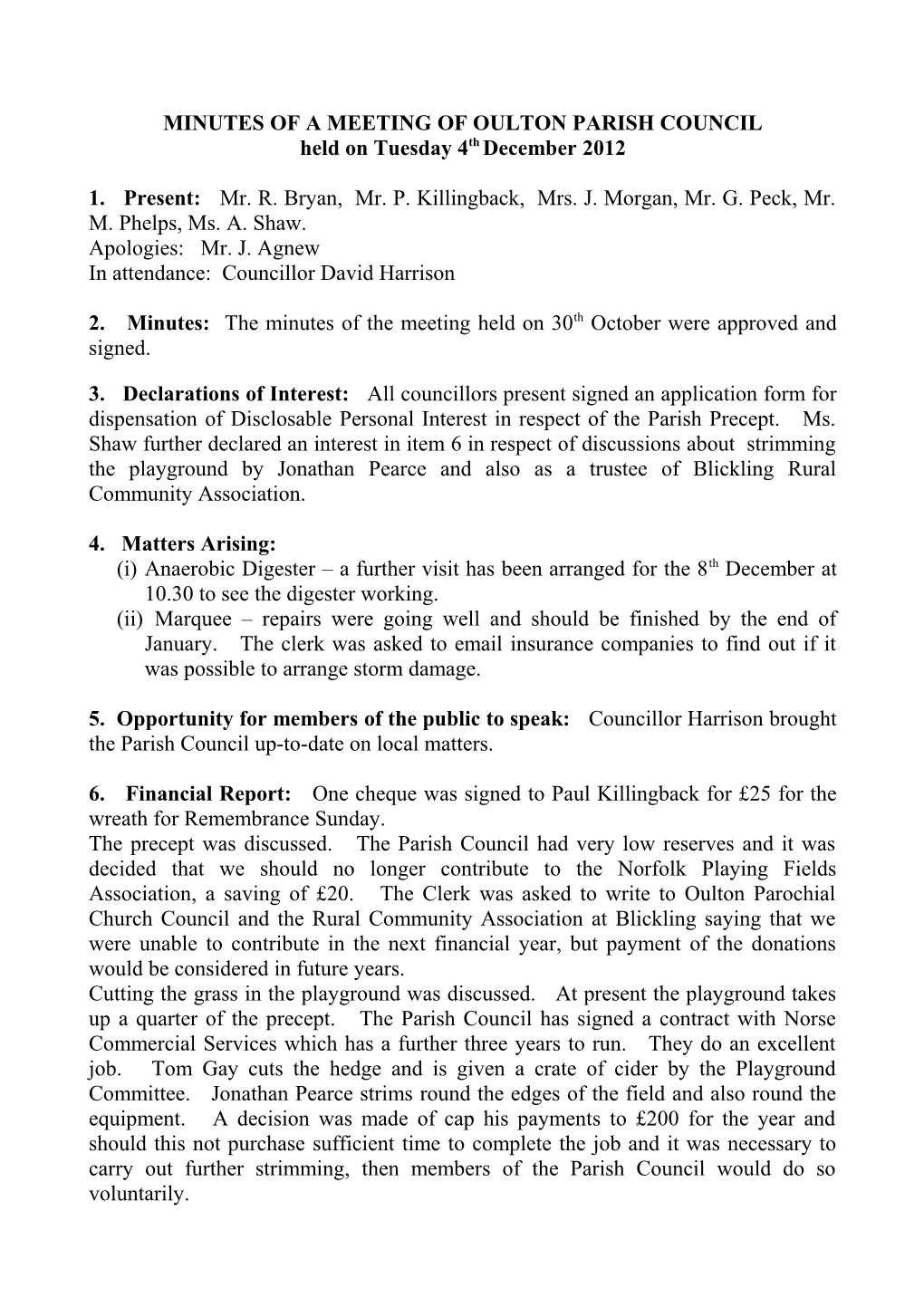 Minutes of a Meeting of Oulton Parish Council