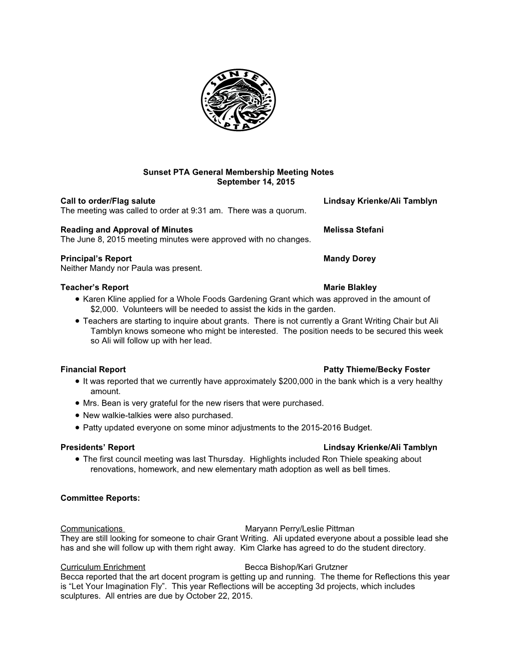 Sunset PTA General Membership Meeting Notes
