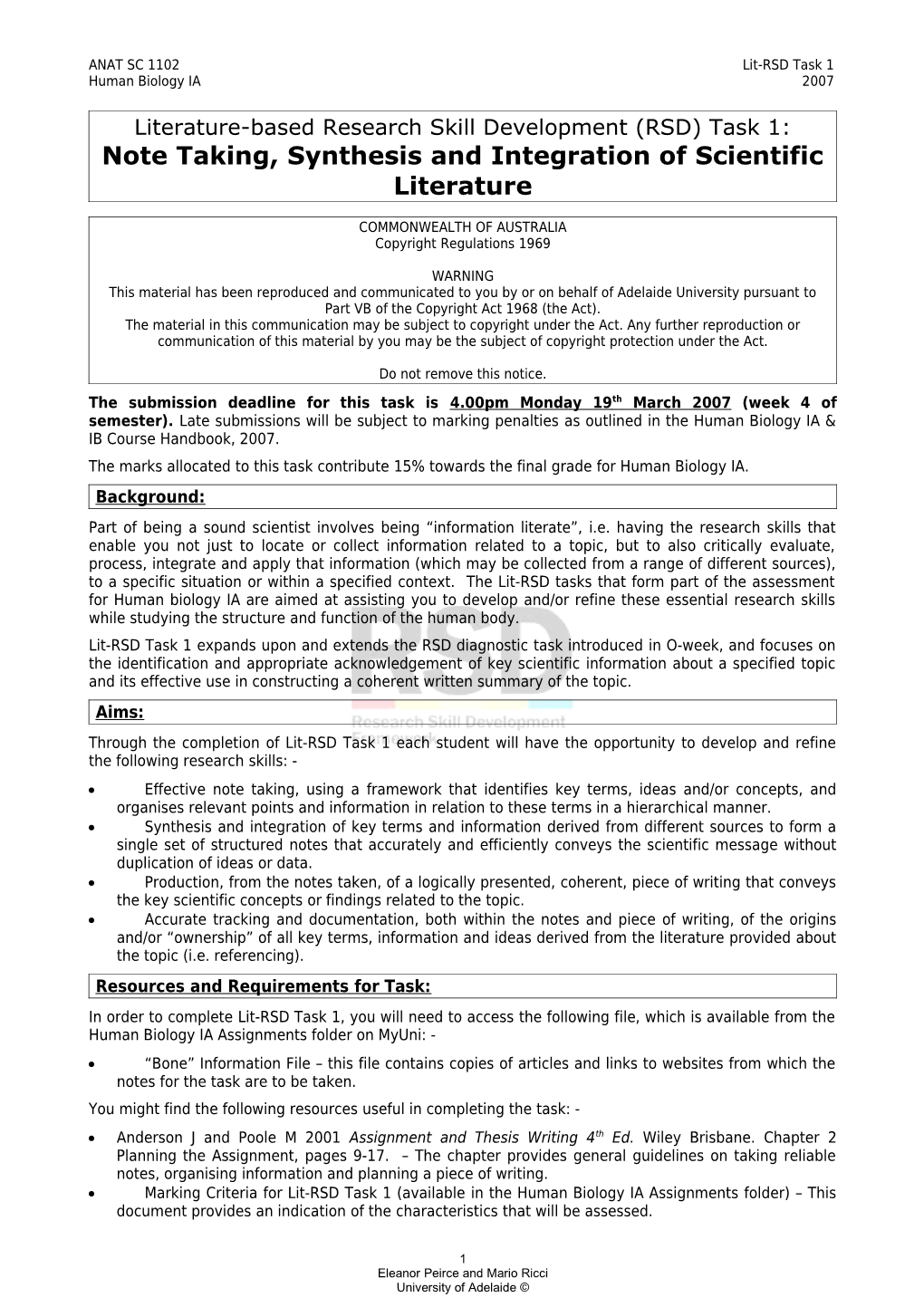 Literature-Based Research Skill Development (RSD) Task 1