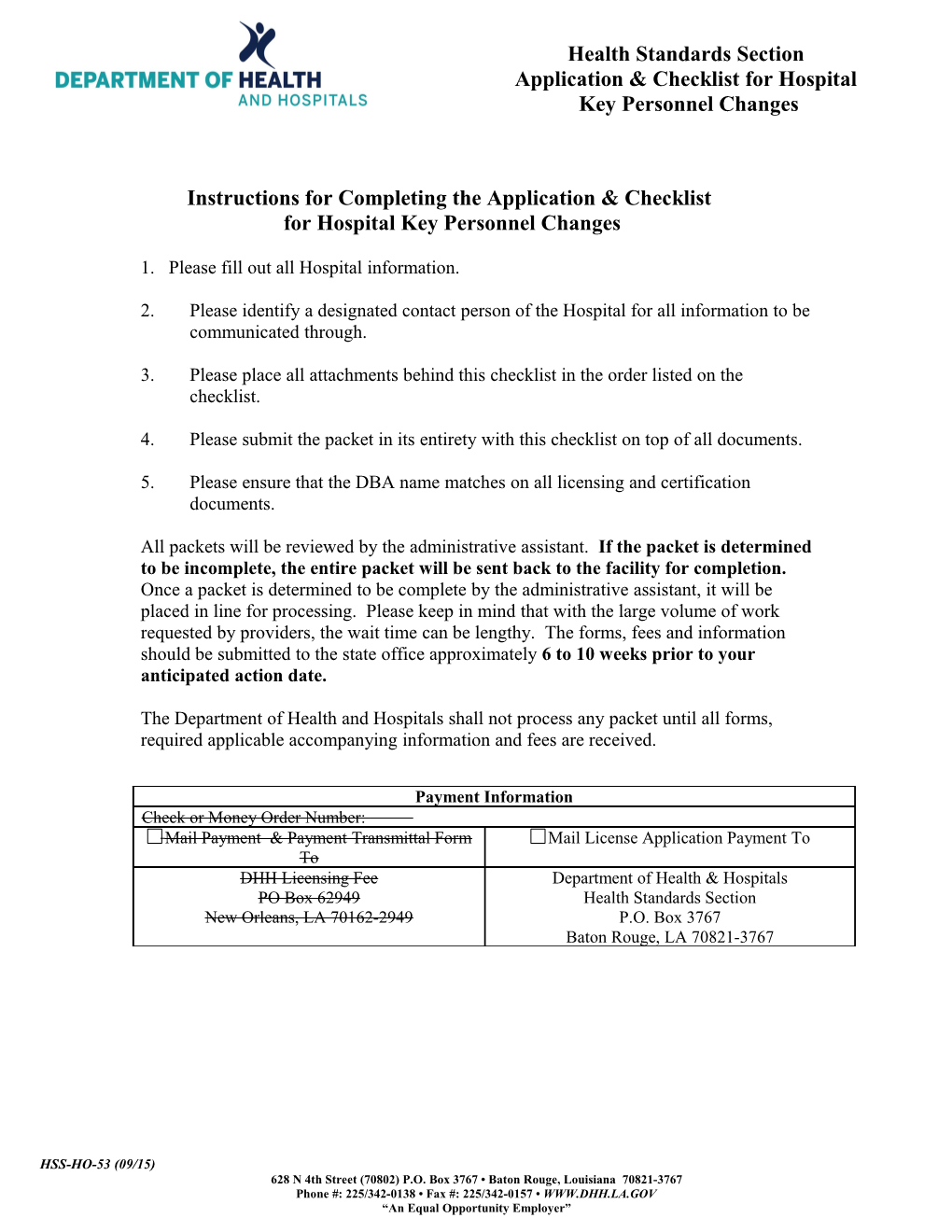 Application & Checklist for Hospital Key Personnel Changes