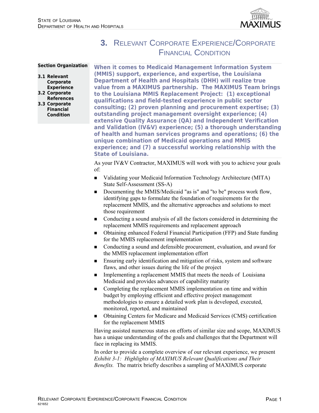 3. Relevant Corporate Experience/Corporate Financial Condition