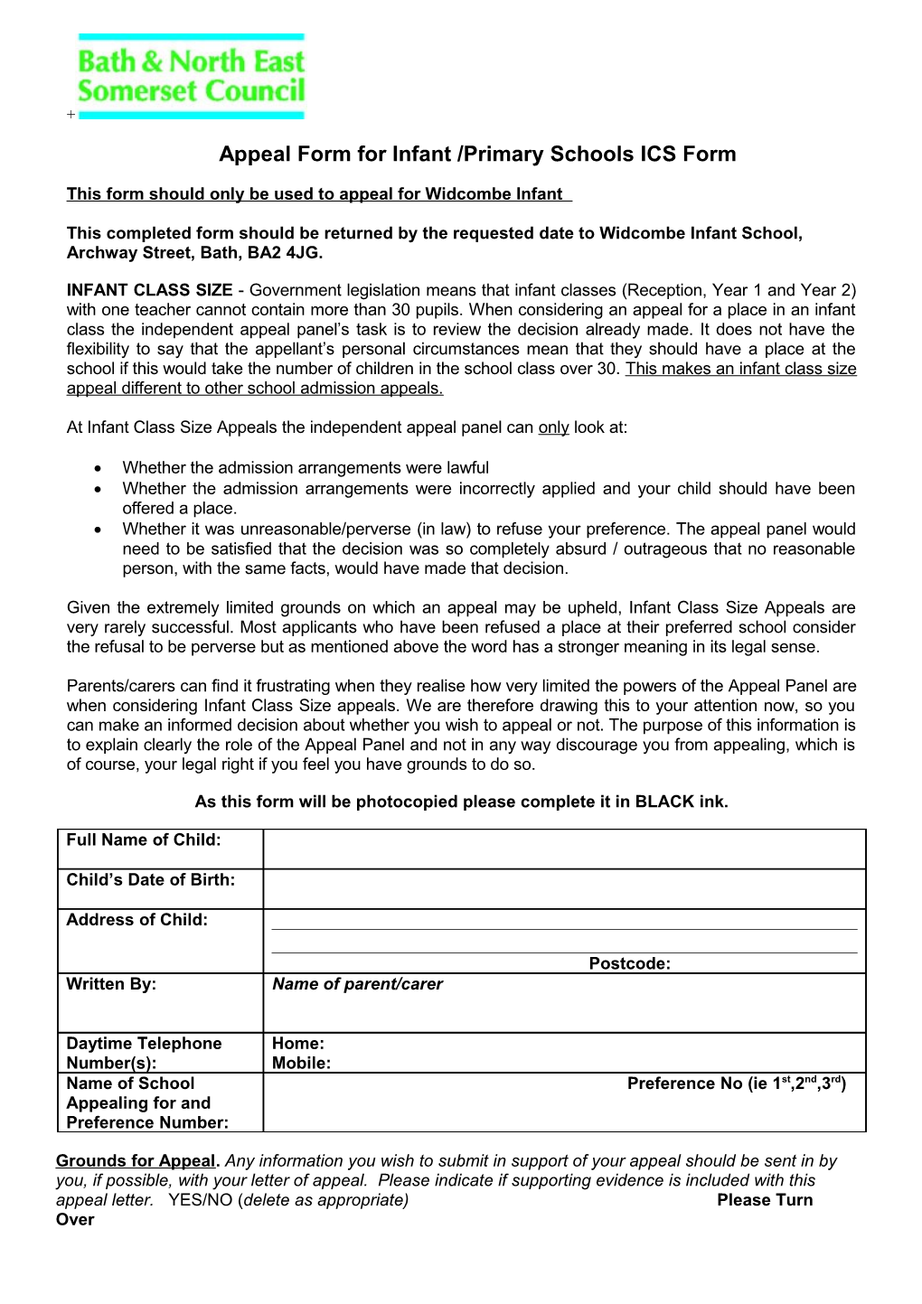 Appeal Form for Infant /Primary Schools ICS Form