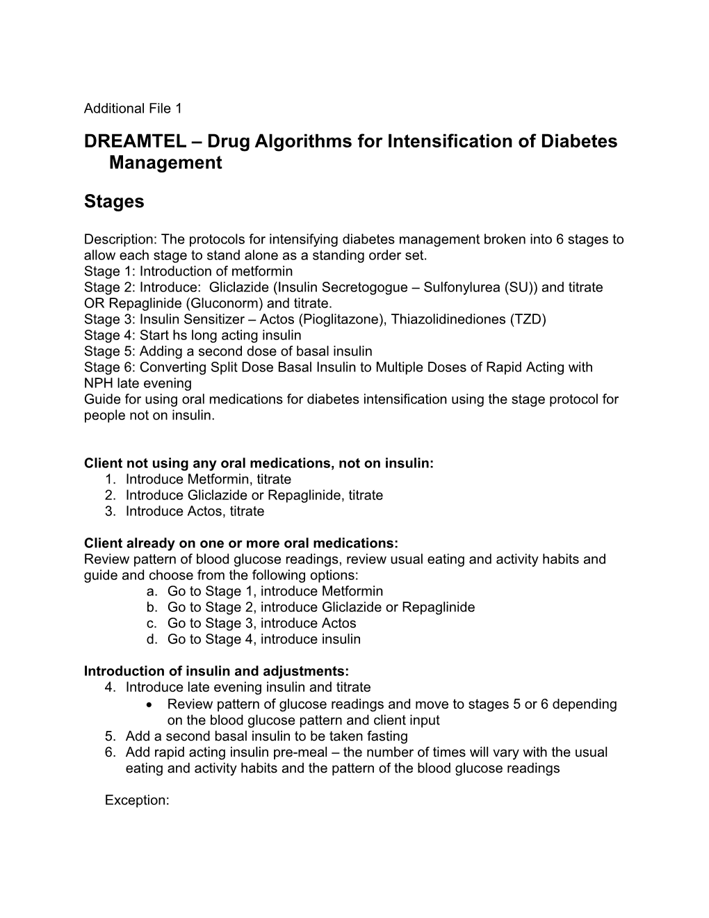 DREAMTEL Drug Algorithms for Intensification of Diabetes Management