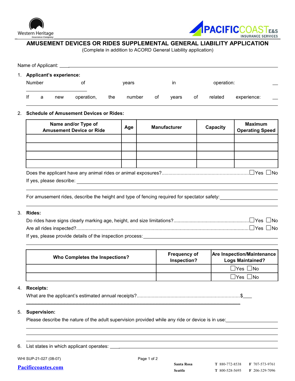 Amusement Devices Or Rides Supplemental General Liability Application