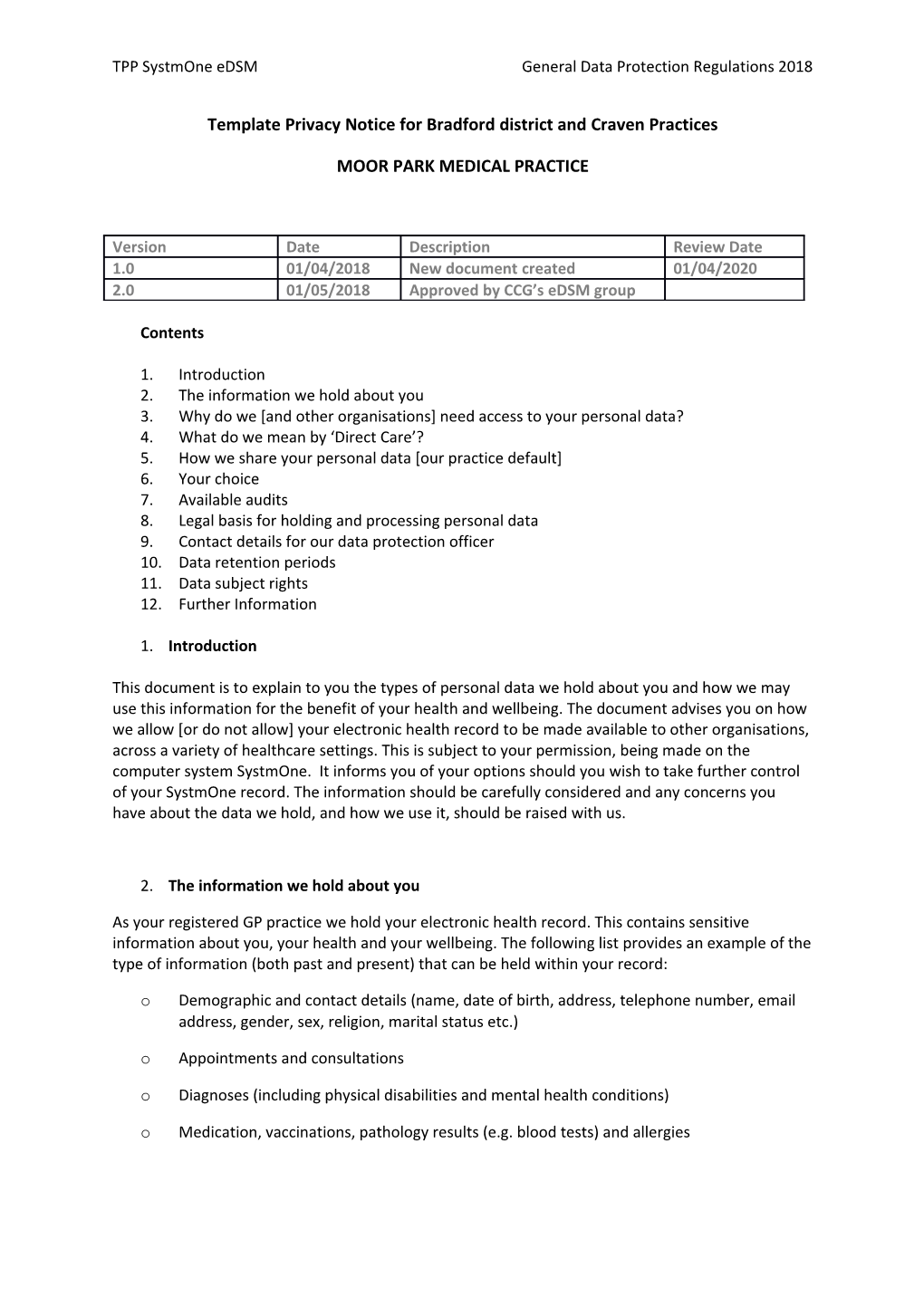 Template Privacynotice for Bradford District and Craven Practices