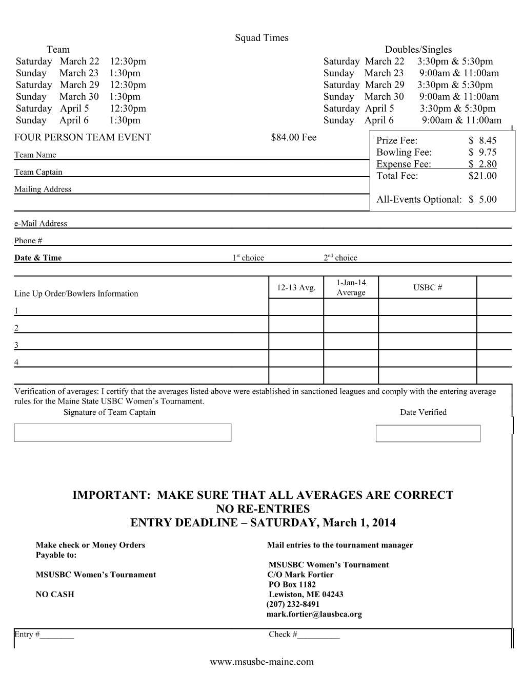 2Nd Annual Maine State USBC Open Tournament 2008 Entry Form