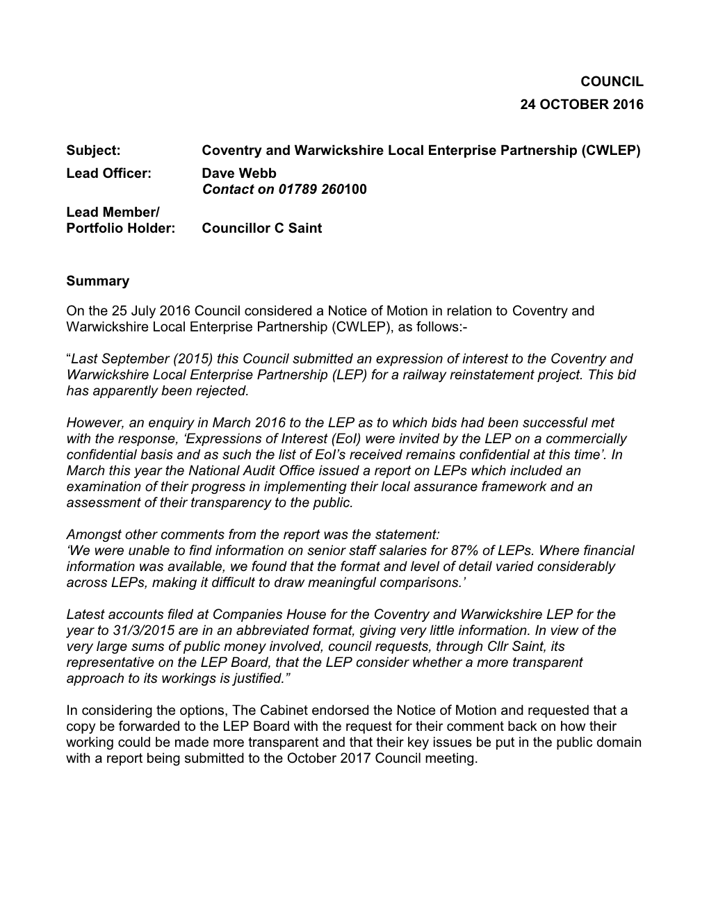 Subject:Coventry and Warwickshire Local Enterprise Partnership (CWLEP)