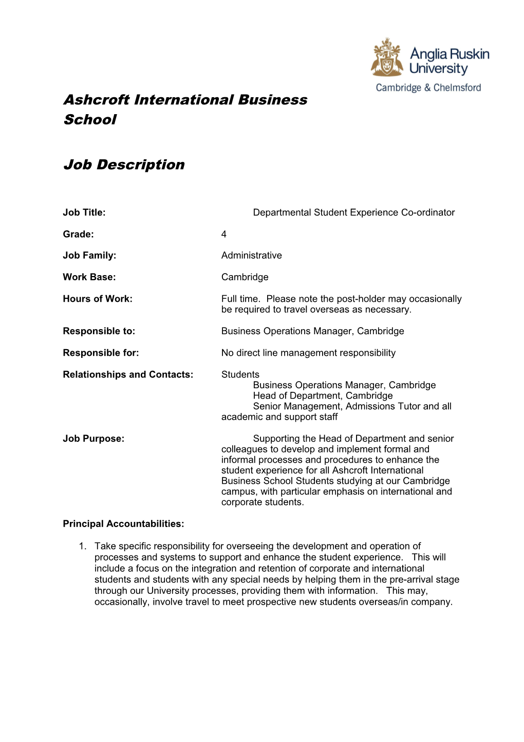 Format for Job Description