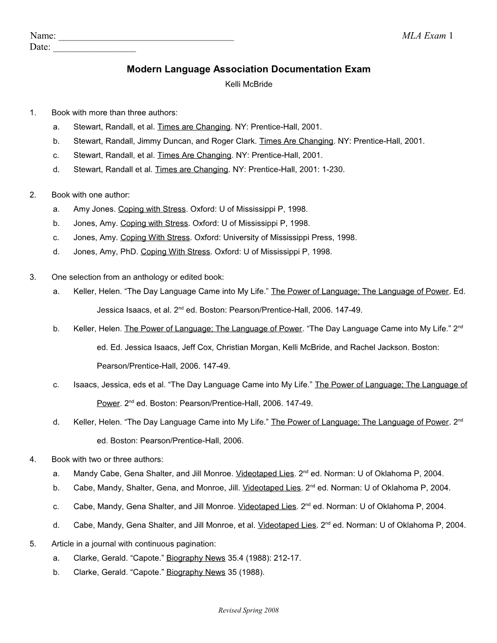 Modern Language Association Documentation Exam