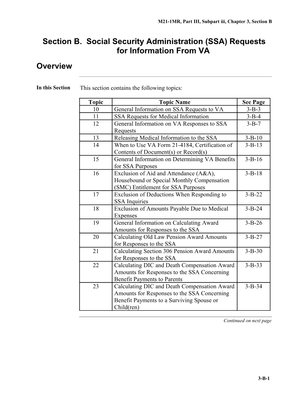 Part III, Subpart III, Chapter 3, Section B. SSA Requests for Information from VA