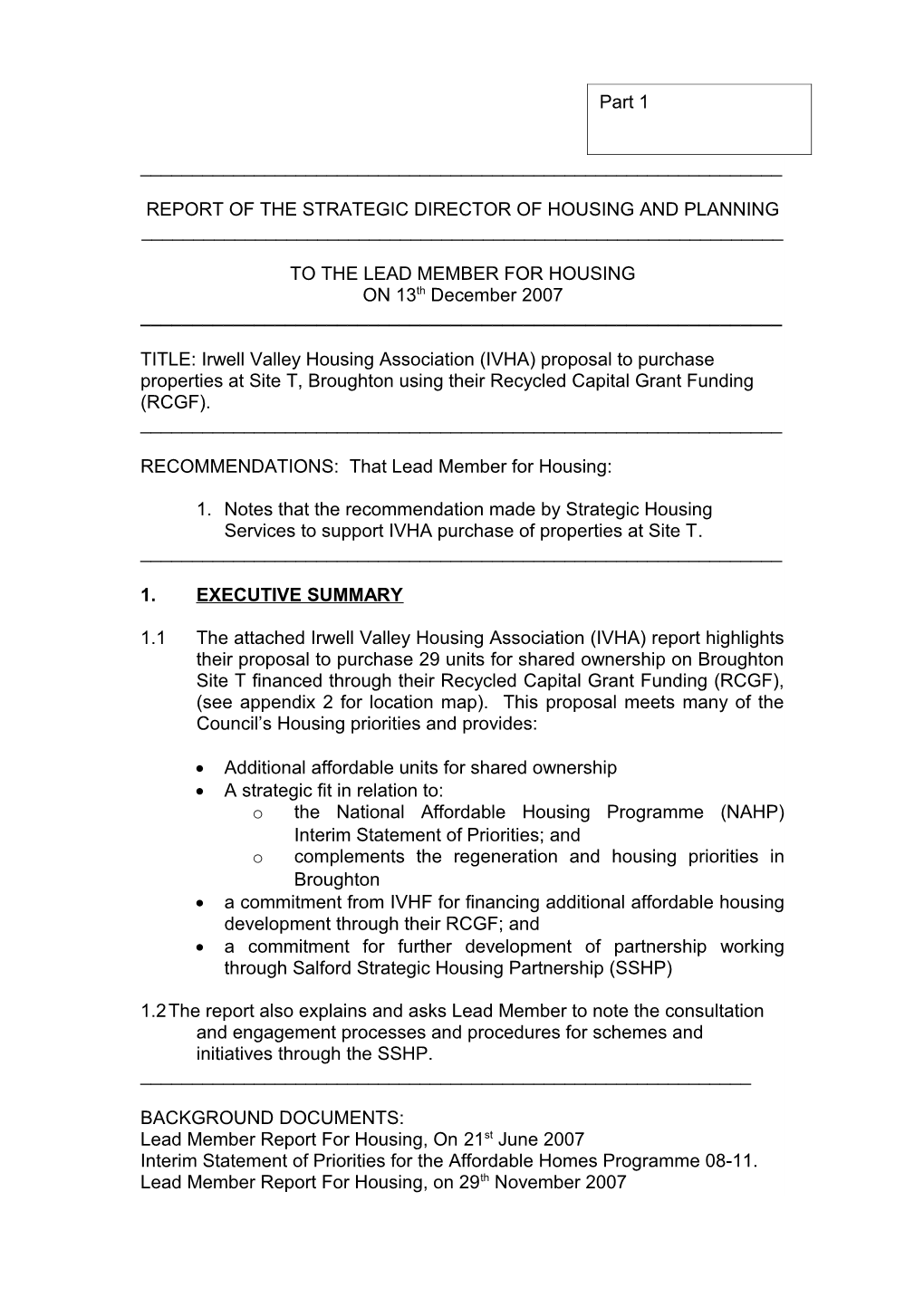 Report of the Strategic Director of Housing and Planning