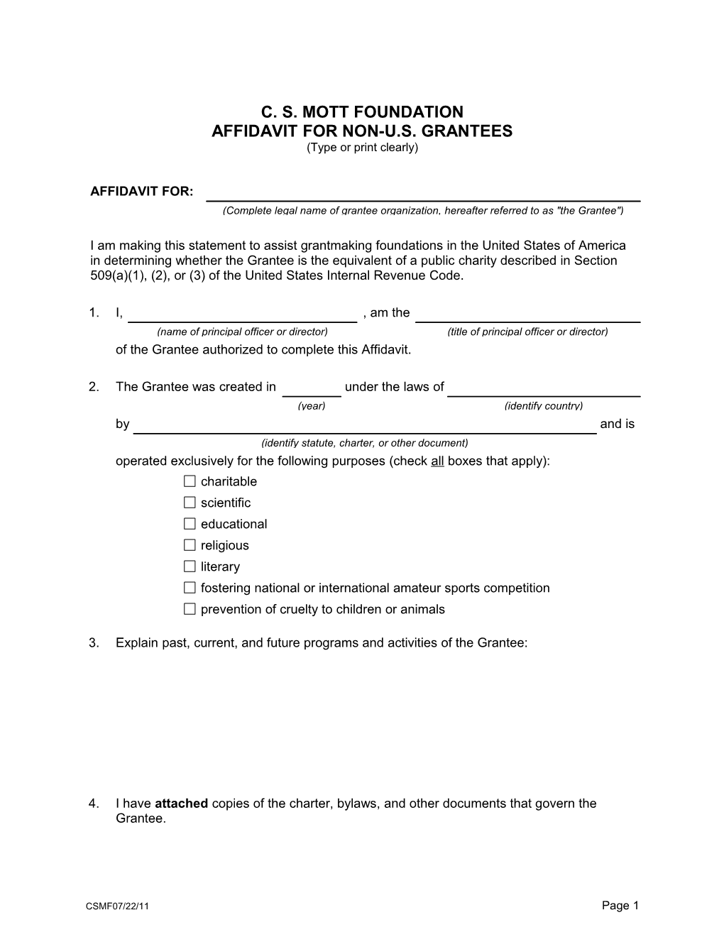 Affidavit for Non-U.S. Grantees