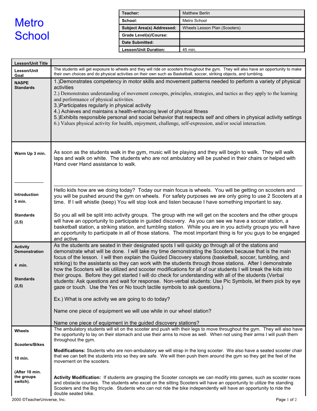 Sample Lesson Plan