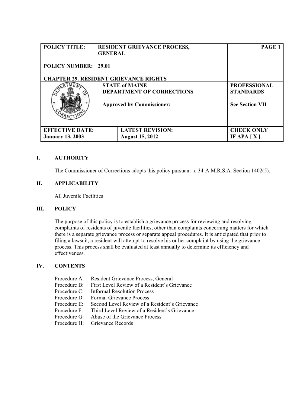 Policy Title: Juvenile Grievance Process