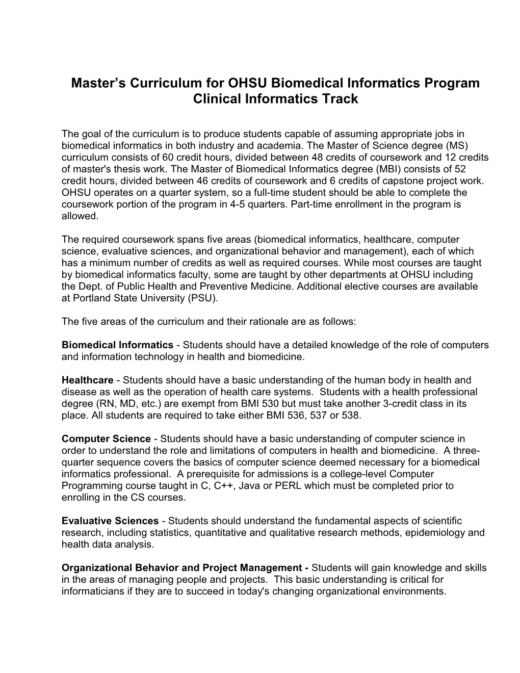 Master S Curriculum for OHSU Biomedical Informatics Program
