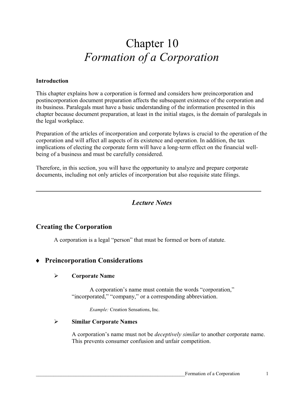 Formation of a Corporation