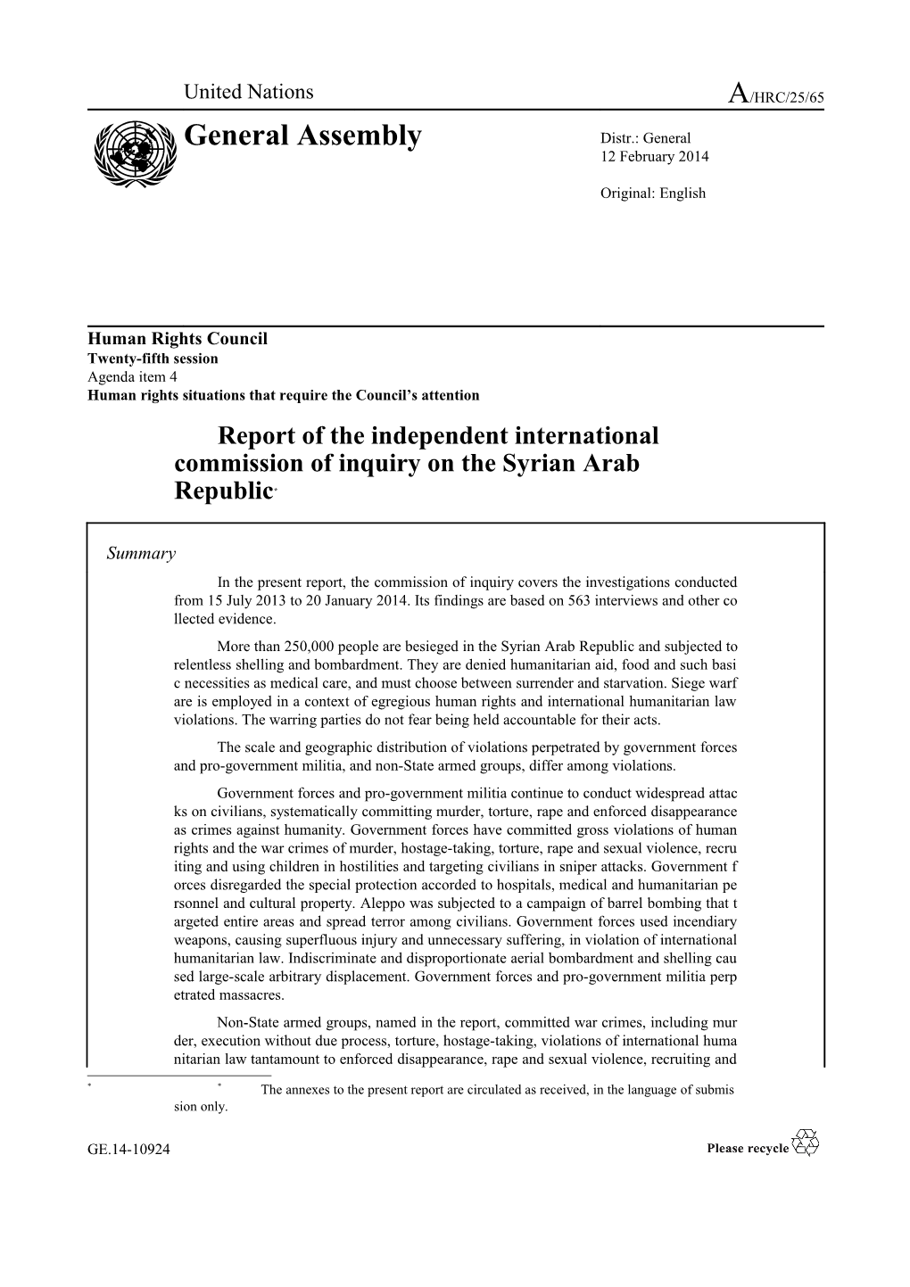 Report of the Independent International Commission of Inquiry on the Syrian Arab Republic