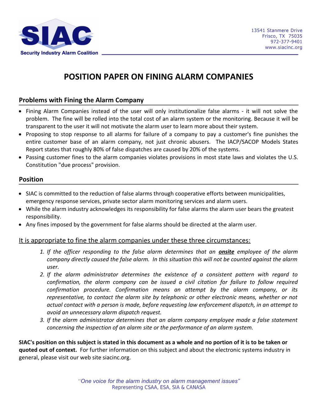 Position Paper on Fining Alarm Companies