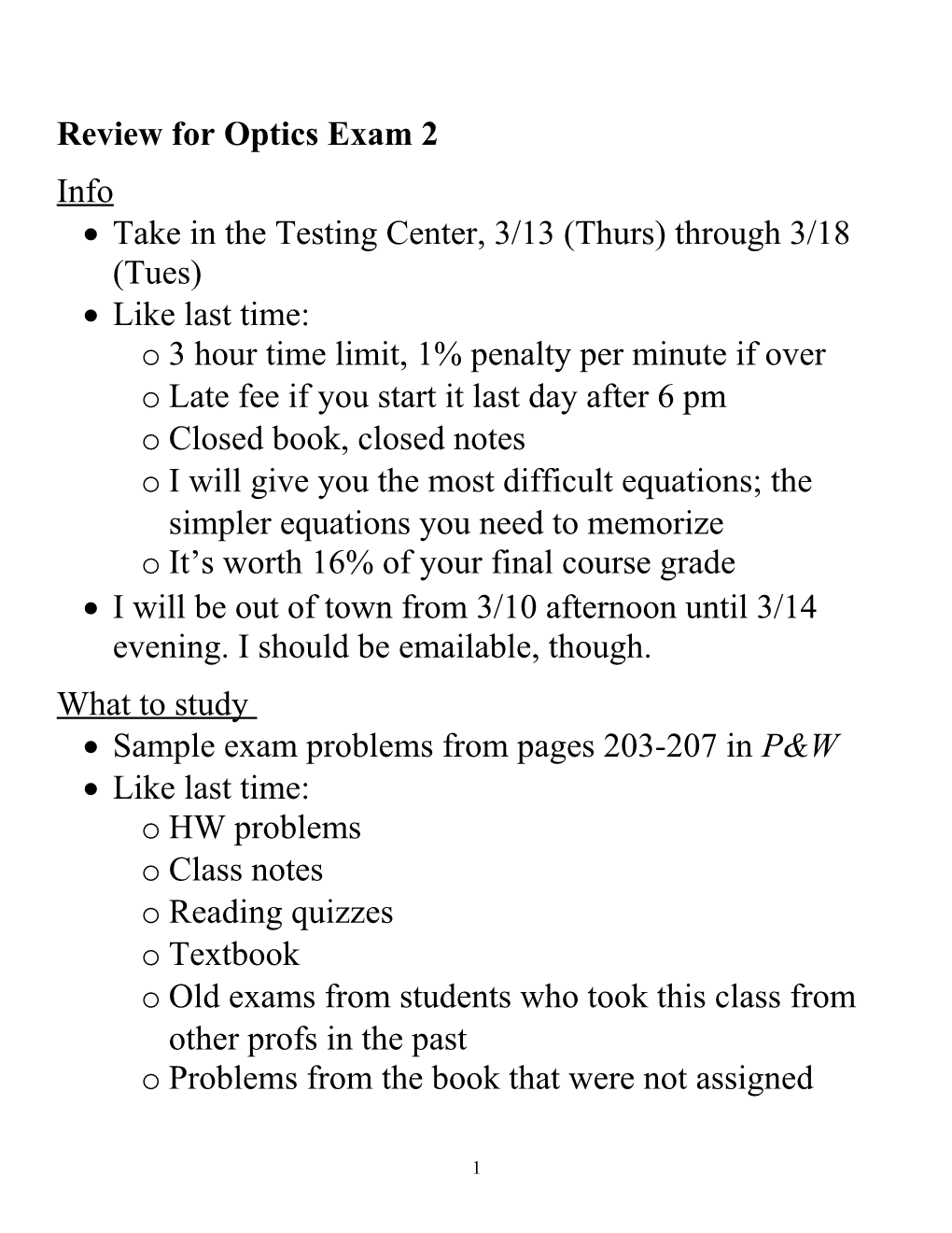 Review for Optics Exam 1