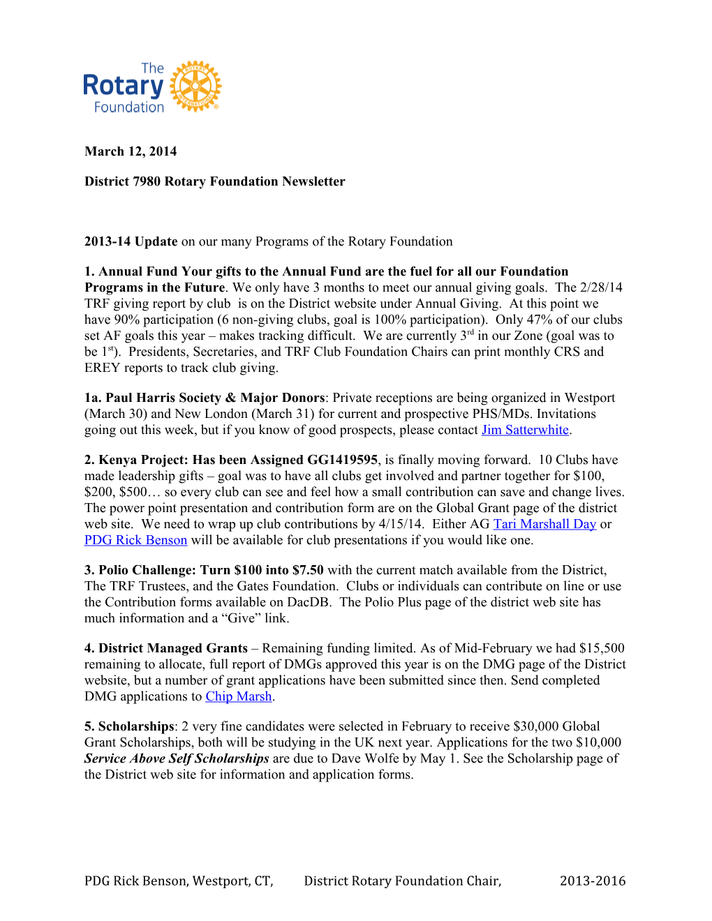 District 7980 Rotary Foundation Newsletter