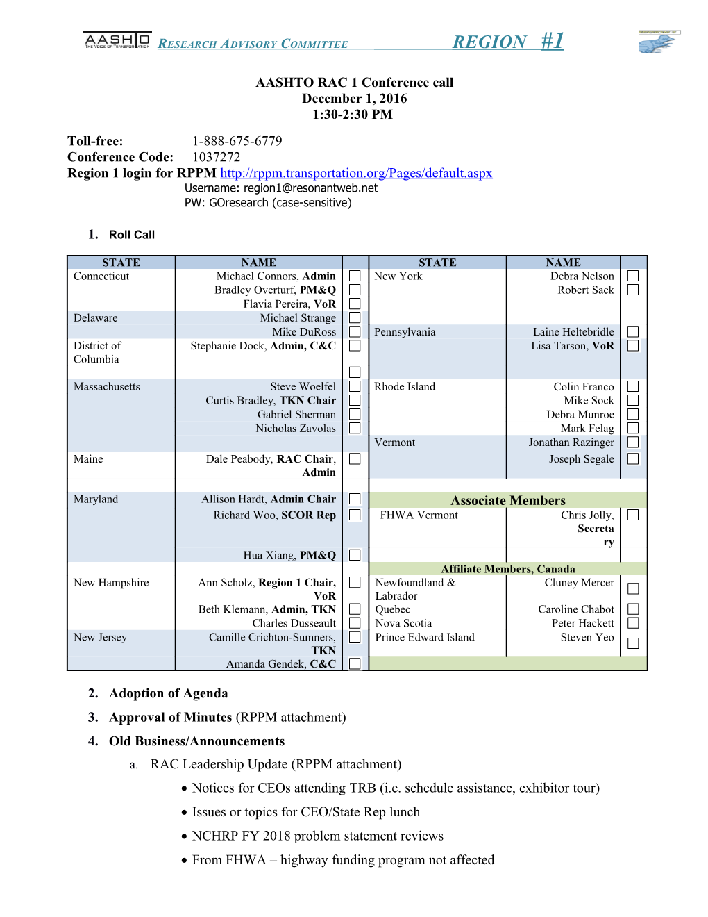 AASHTO RAC 1 Conference Call