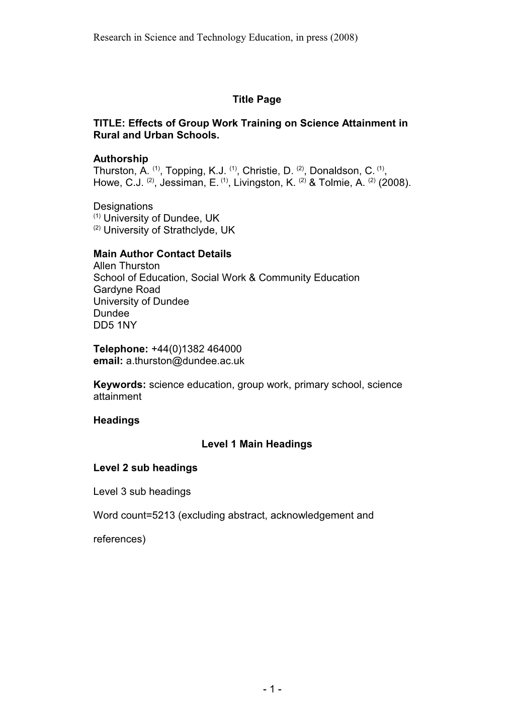 TITLE: Effects of Group Work Training on Science Attainment in Rural and Urban Schools