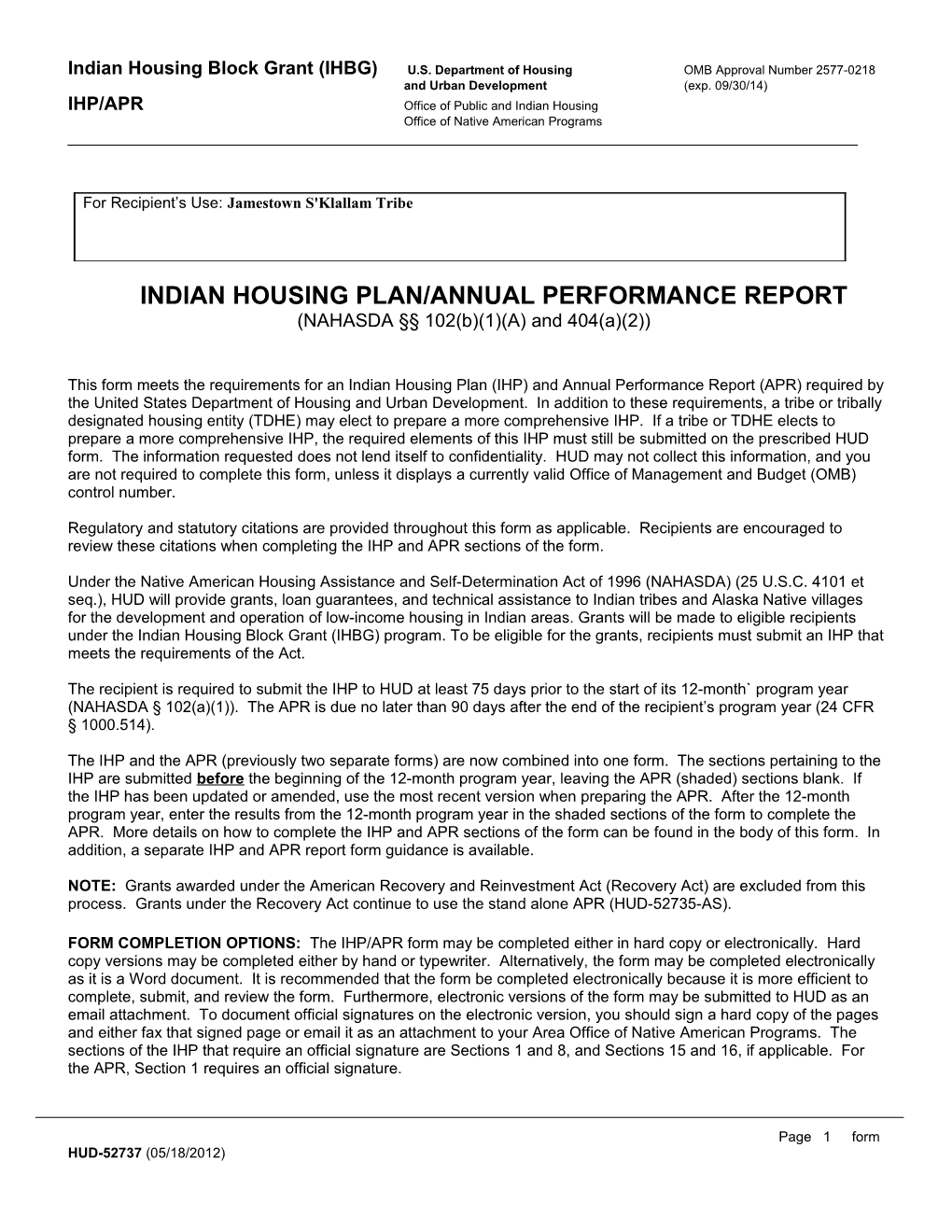 Indian Housing Plan/Annual Performance