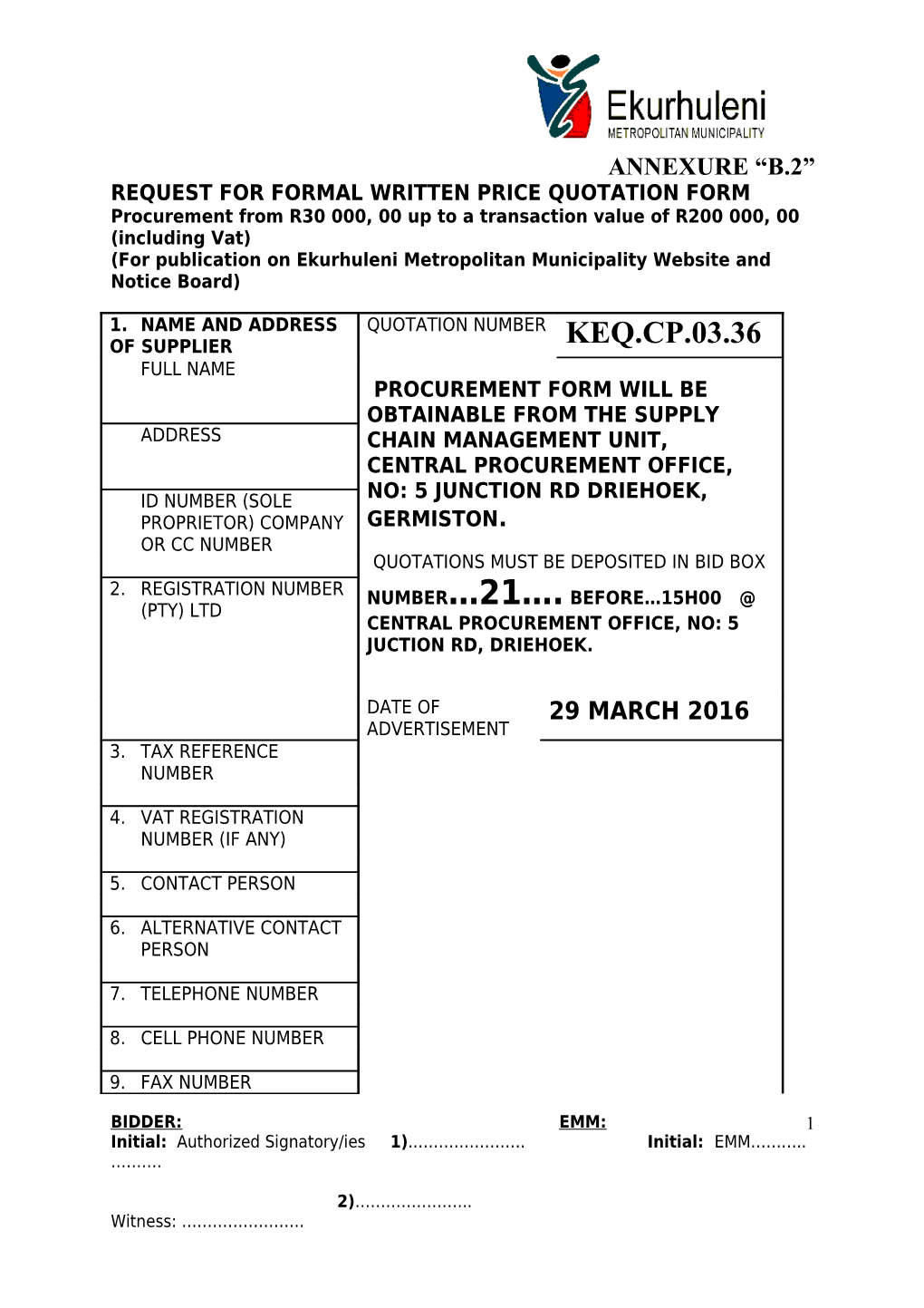 Request for Formal Written Price Quotation Form s1