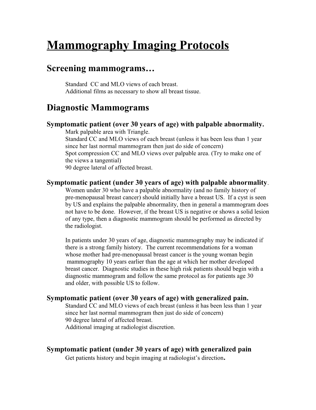 Mammography Imaging Protocols